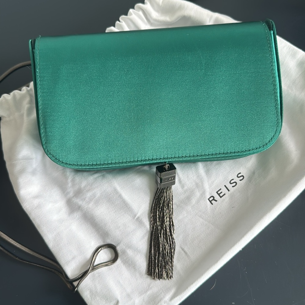 Reiss Vienna Clutch Emerald Green Satin Crossbody Bag with Tassel + dust bag